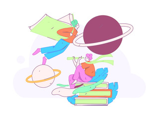 World Book Day Reading Character Flat Vector Concept Operation Hand Drawn Illustration
