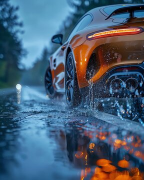 Sports car speeding on a wet road with water splashing in a dynamic and vibrant scene, capturing the motion and energy.