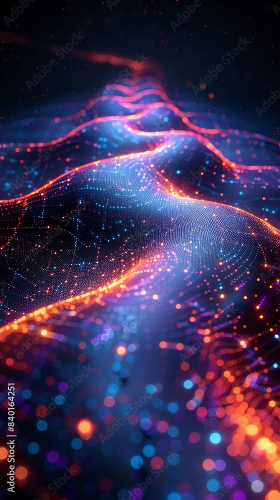 Poster vibrant abstract digital landscape with glowing points and neon colors creating a futuristic and dyn