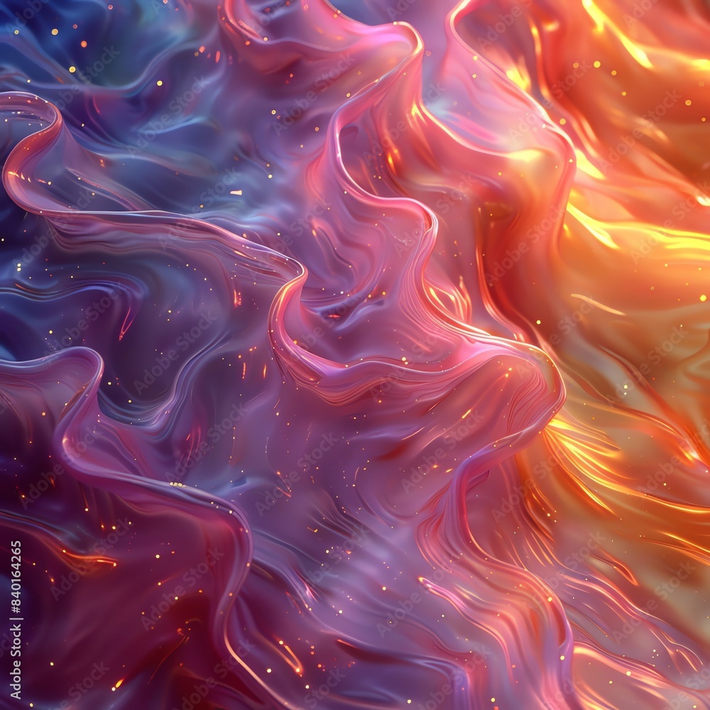Poster vibrant abstract flow of colorful waves creating a mesmerizing effect with blending hues of purple, 