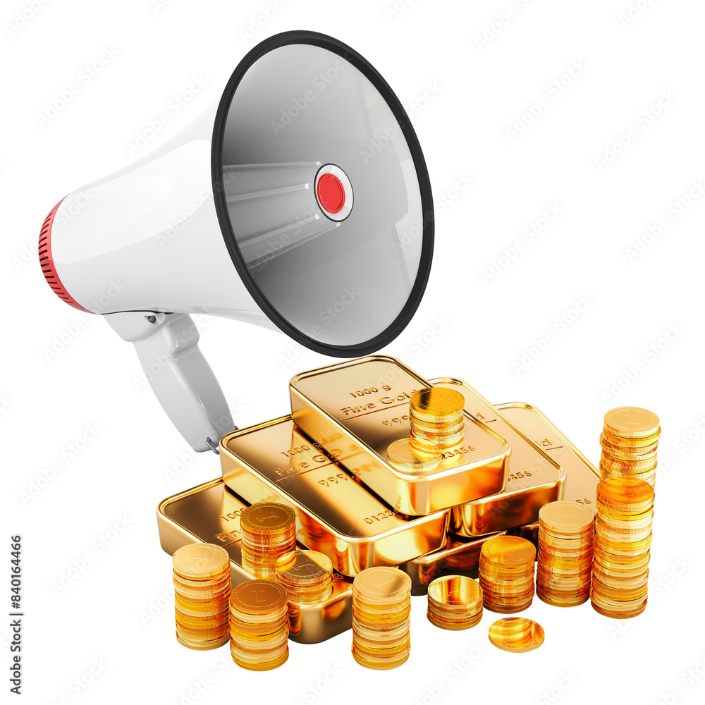 Poster megaphone with golden coins and gold bars, 3d rendering isolated on transparent background