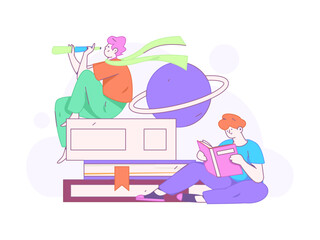 World Book Day Reading Character Flat Vector Concept Operation Hand Drawn Illustration
