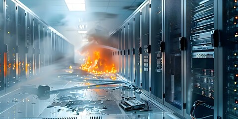 Fire destroys data center server room and supercomputer technology causing significant damage. Concept Data Loss, Technology Disruption, Emergency Response, Disaster Recovery, Business Continuity