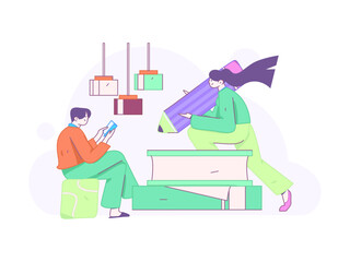 World Book Day Reading Character Flat Vector Concept Operation Hand Drawn Illustration
