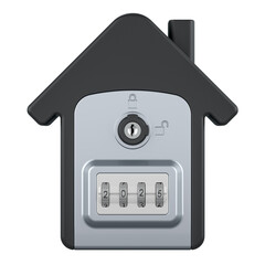 Security lock box with 4 digit code, for storage and transfer of keys house shaped. Compact key holder, front view. 3D rendering isolated on transparent background