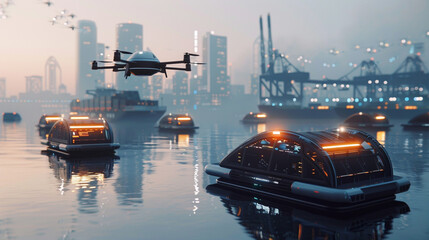 Singapore city skyline at night with drone and ships