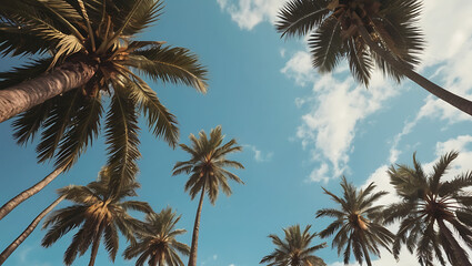 Naklejka premium An lower view shot of a Blue sky and palm trees view from below depicting summer and heat, vintage style, tropical beach and summer background with copy space 