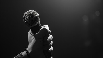 Hand holds microphone, poised for an impactful performance