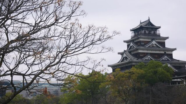 Hiroshima Castle in Background, Panning Establishing Shot of Japan