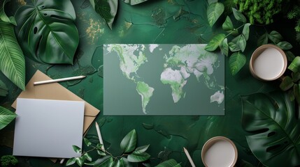 Empowering Change Activist's Desk with Global Impact Business Cards World Map and Environmental Infographics