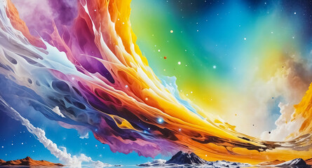 Abstract Cosmic Landscape with Swirling Colors and Mountains