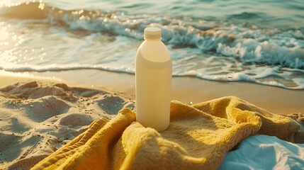 Blank Label Sunscreen: A sunscreen bottle with no label on a beach towel.