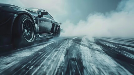 Obraz premium Blurred speed view of Motorsports racing drift professional drivers, and high-speed car activities