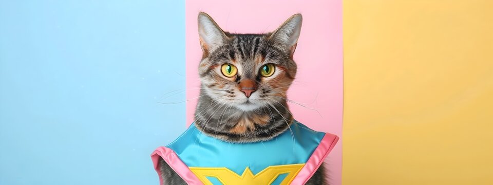 Superhero Cat in Pastel Backdrop Cute Illustrated Feline Character in Costume