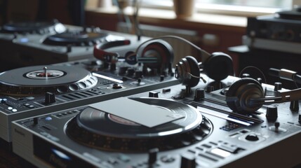 Dynamic DJ Setup with Blank Business Cards Mixing Music and Networking in Style