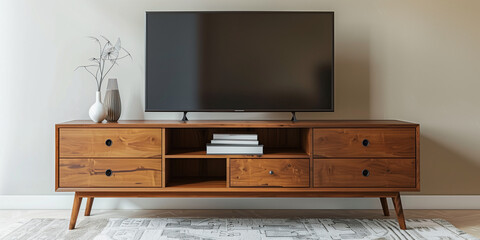 a mid-century modern wooden media console with tapered legs. Large flat-screen TV. Modern living room interior
