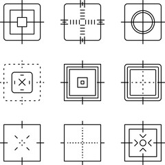 Crosshair, gun sight vector icons. Bullseye, red target or aim symbol. Military rifle scope, shooting mark sign. Target aim. Set of targets and destination. Focus icon
