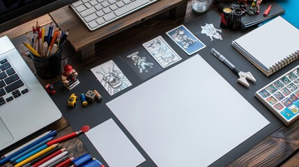 Creative Chaos Comic Book Artist's Workspace with Blank Business Cards Illustrated Panels Markers and Action Figures Inspiration for Graphic Designers and Illustrators