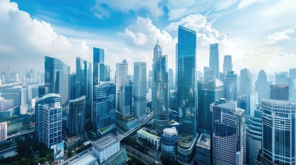 Obraz premium Panoramic illustration of skyline and buildings with many glass windows. Compatible for business and property related contents.