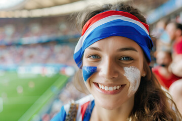 French Female Sports Fan with Face Paint in Stadium