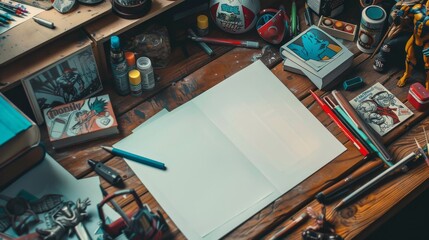 Creative Chaos Comic Book Artist's Workspace with Blank Business Cards Illustrated Panels Markers and Action Figures Inspiration for Graphic Designers and Illustrators