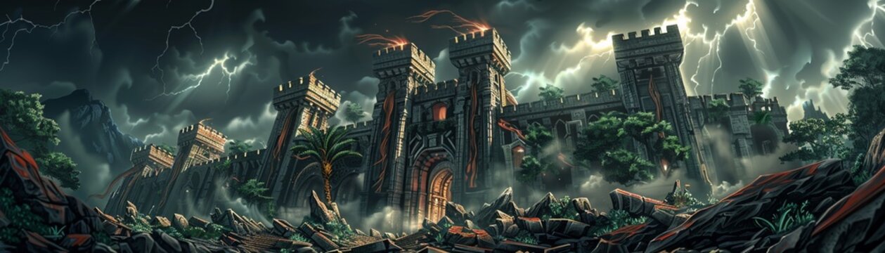 Medieval fortress with tall towers and lush greenery, Fantasy, Rich Colors, Digital Art, Dramatic lighting and intricate details