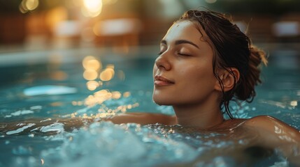 Obraz premium Young Woman Relaxing in Pool at Sunset with Eyes Closed, Enjoying Water Therapy and Serene Atmosphere