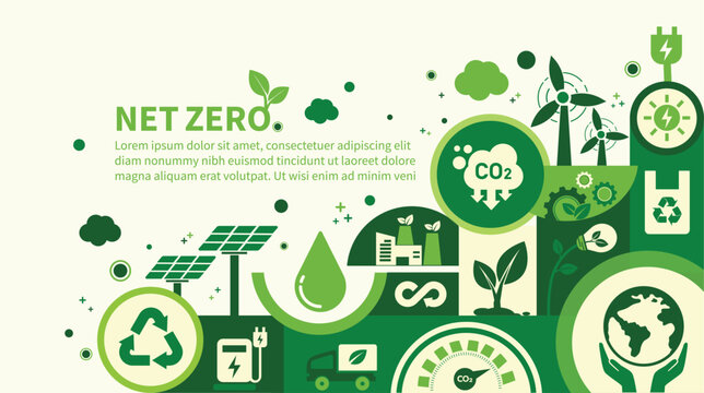 Net zero and carbon neutral concept. Net zero greenhouse gas emissions target. Climate neutral long term strategy with green net zero icons. Environment web banner with green city vector template.