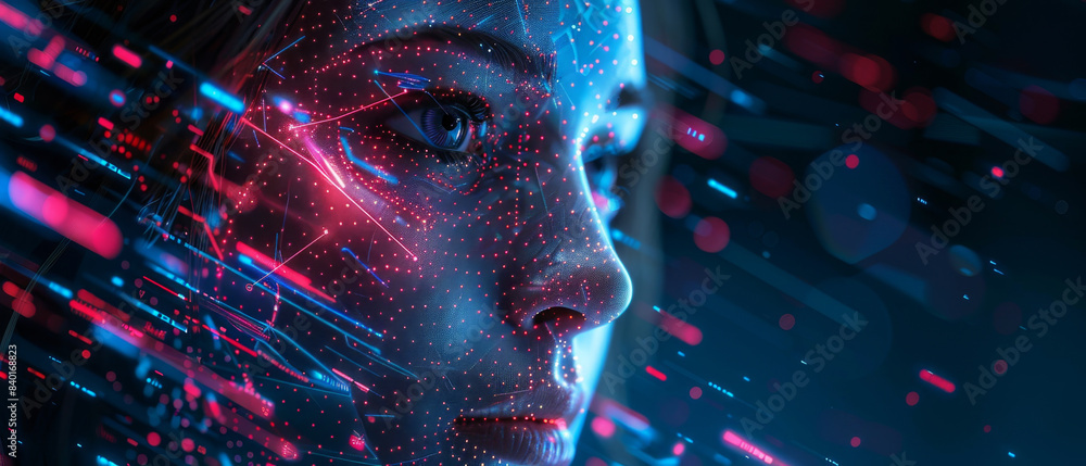 Poster visionary ai technology merges with abstract futuristic elements in a unique digital face portrayal.