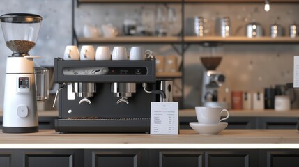 Mastering the Art of Espresso Professional Barista Workspace with HighEnd Equipment Blank Business Cards and Coffee Art Tools for Creative Practice and Networking