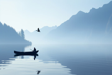 Fototapeta premium Breathtaking landscape of Moraine Lake at sunset. Golden light bathes the mountains reflected in the still water. A lone canoe glides peacefully.