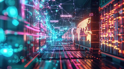 Fototapeta premium Futuristic High-Tech Cargo Containers with Tracking Systems on Digital World Map Showing Holographic Shipping Routes.