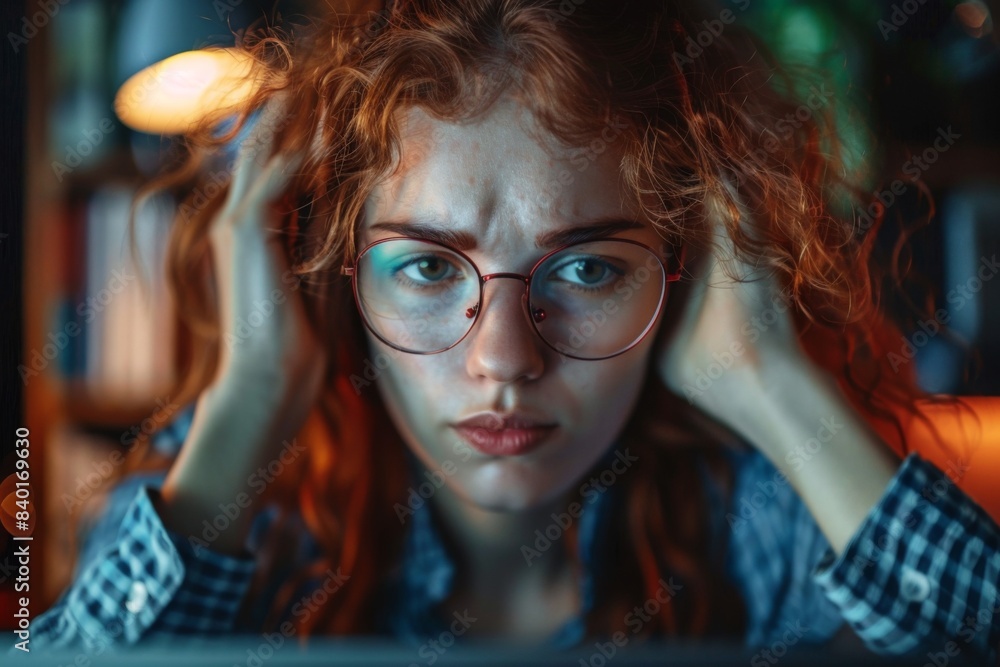 Poster Woman wearing glasses using laptop