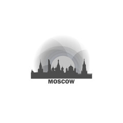 Obraz premium Moscow skyline, downtown panorama logo, logotype. Russia capital city badge contour, isolated vector pictogram with cathedral, monuments, landmarks, skyscrapers at sunrise, sunset