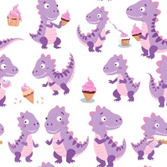 Fototapeta premium Seamless pattern with colorful cartoon dinosaurs.