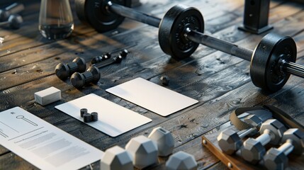 Fototapeta premium Powerful Gym Essentials Business Cards Weights and Protein Supplements for Competitive Bodybuilders