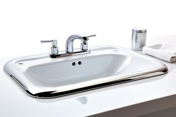 Fototapeta premium A bathroom sink with integrated soap dispensers and towel racks for a streamlined look. Isolated on white background.