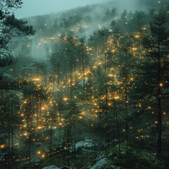 Naklejka premium A captivating forest illuminated by numerous lights adorning the trees