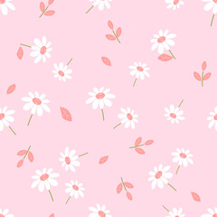 Seamless pattern with daisy flower and branches on pink background vector. Cute floral print.