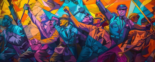 Stunning Labor Day unions art featuring workers united under union banners, vibrant and empowering atmosphere