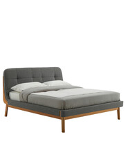 Fototapeta premium Minimalist grey upholstered bed with wooden frame. Perfect for modern bedroom decor and cozy sleep environment. High-res stock photo for design use.