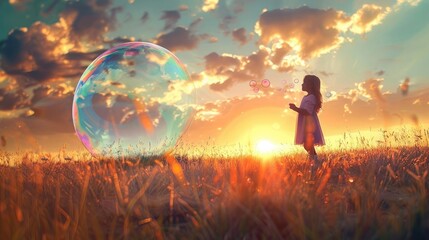 Little girl blowing giant colorful bubble in grassy field at sunset - Powered by Adobe