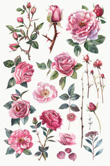 Exquisite collection of pink roses, peonies, leaves, and branches in watercolor.