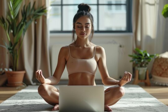 Female in yoga pose using laptop