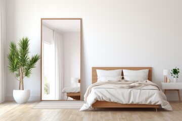 full-length mirror leaning against a wall in a stylish bedroom, isolated on a white background