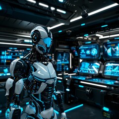 Fototapeta premium Futuristic Robot in High-Tech Control Room