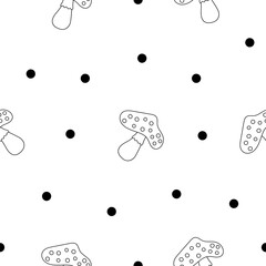 Autumn object mushroom cup of coffee leaf acorn jar cake pumpkin plaid. Seamless pattern. Coloring Page. Season time of year. Vector drawing. Design ornaments.