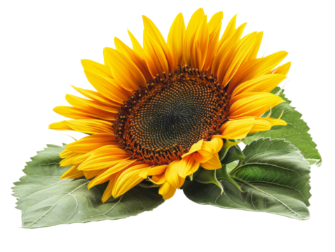 Vibrant sunflower with yellow petals and green leaves, isolated on a white background, showcasing natural beauty and summer vibes. isolated transparent PNG background. 