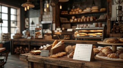 Artisanal Bakery Bliss Fresh Sourdough Pastries and Business Cards on Wooden Counter