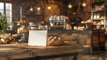 Fototapeta premium Artisanal Bakery Bliss Fresh Sourdough Pastries and Business Cards on Wooden Counter